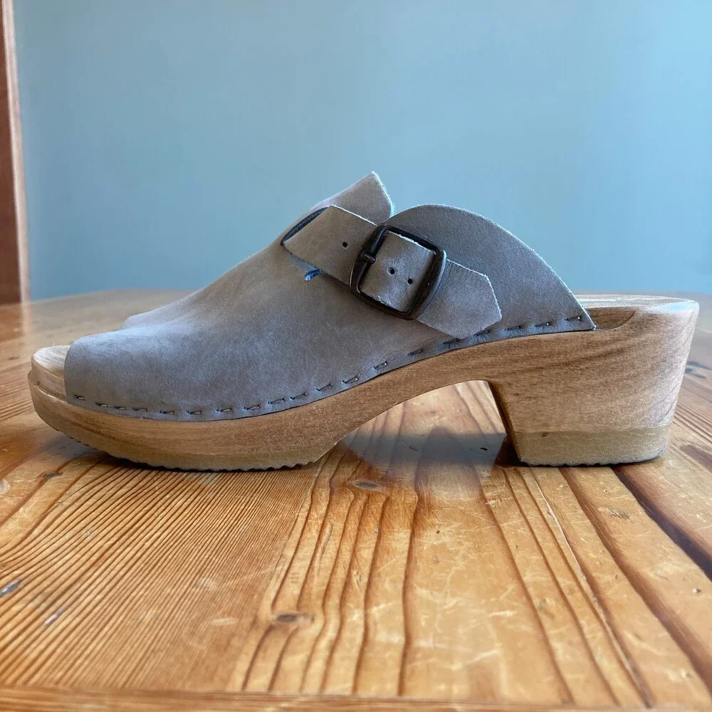 No. 6 Shoes Grey Leather Open Toe Wooden Clogs Sandals - Size 41 / 10.5 - 0425NK